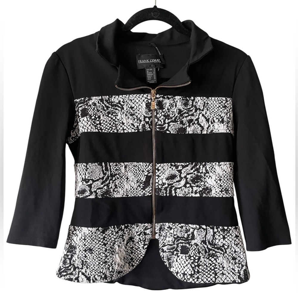 Frank Lyman Design Black and White Zip Jacket with Cropped Sleeves Size 6